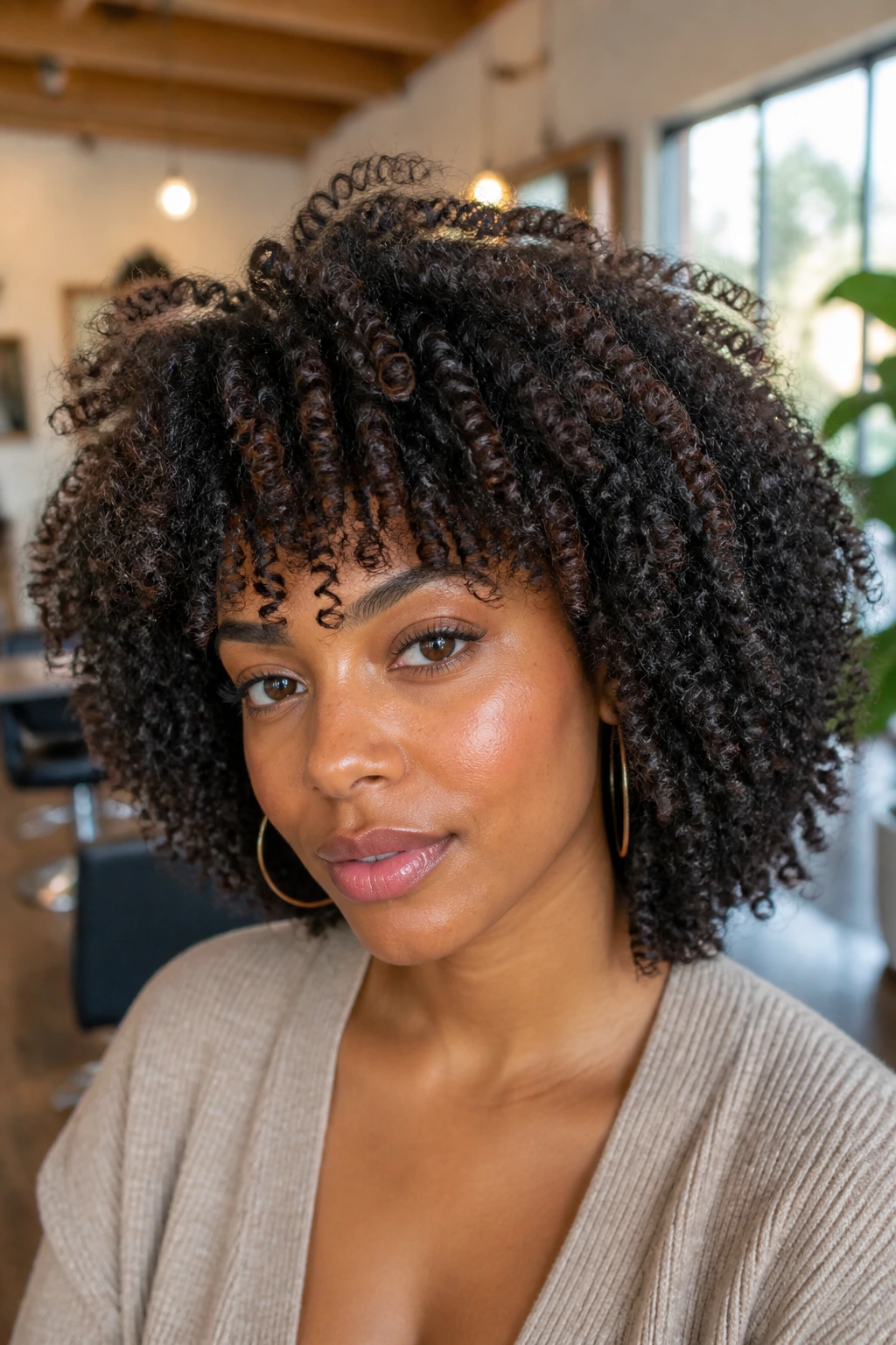Close-up portrait of a real Black woman with dense-hair internal layers