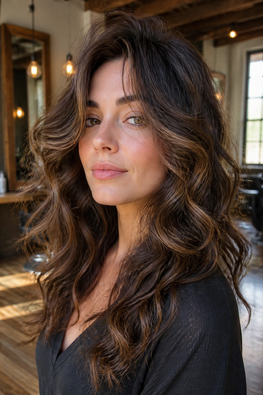 Close-up portrait of dense wavy hair with heavy-duty layers in a salon setting