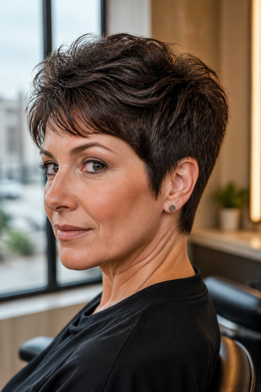 Close-up portrait of a real person with dense thick hair in a salon setting