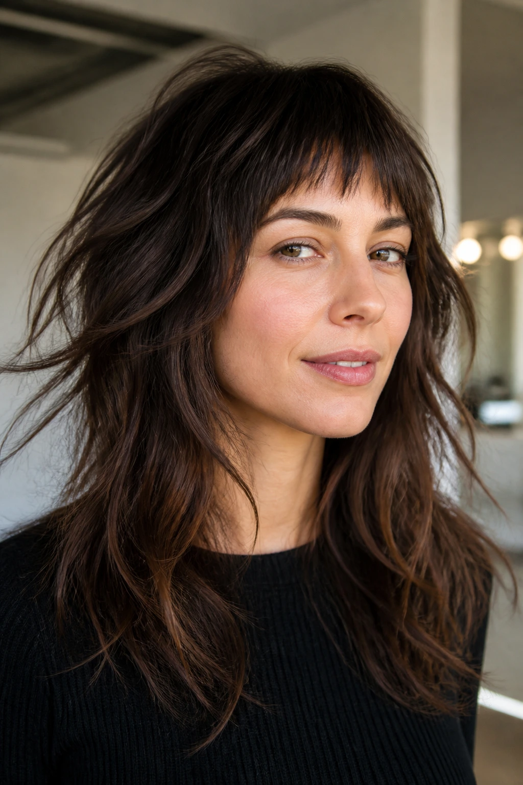 Portrait of a real woman with dense shag and razor ends in a bright interior