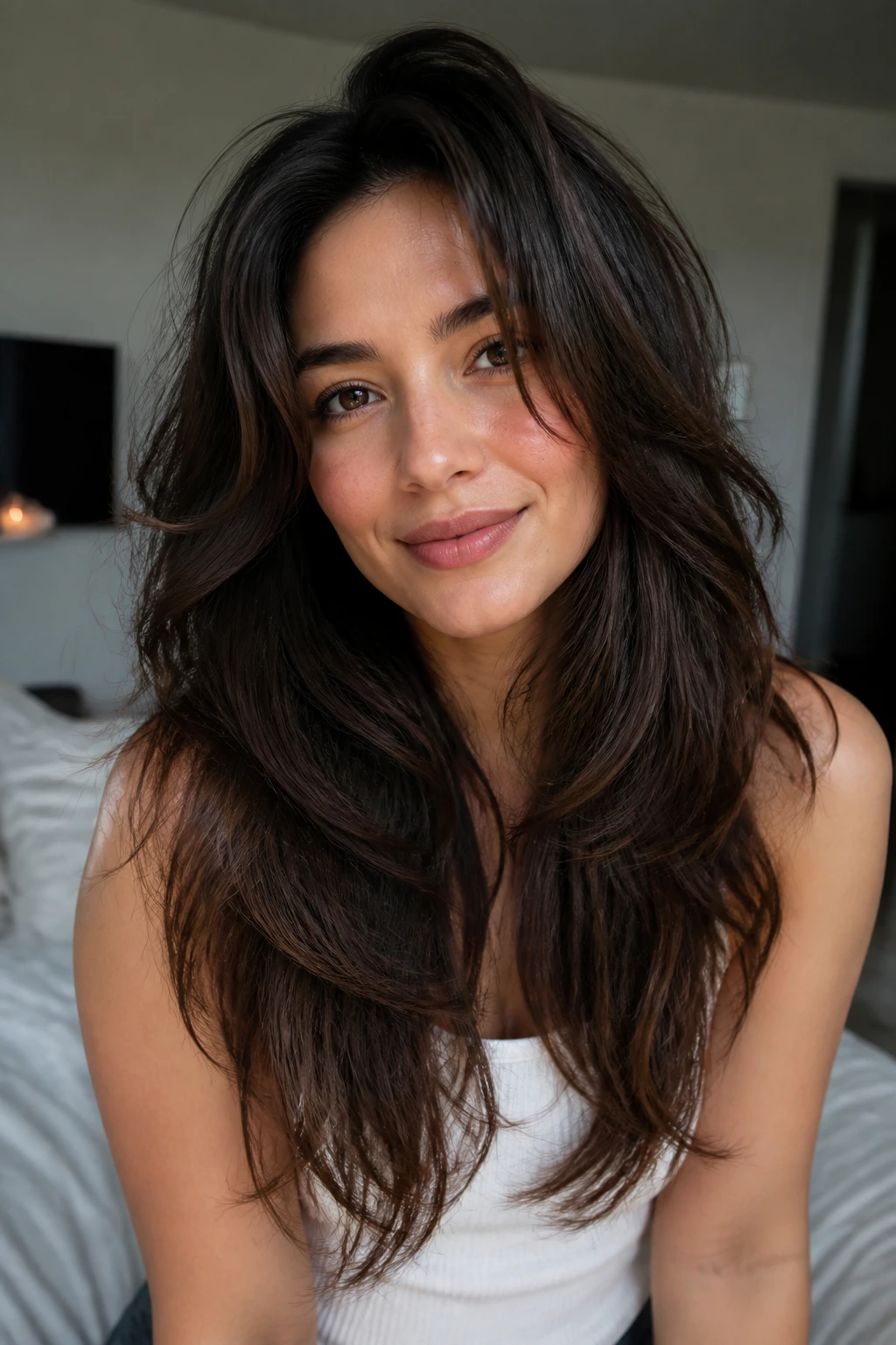 Close-up of a real person with dense thick hair filling the frame in a cozy bedroom with natural light.