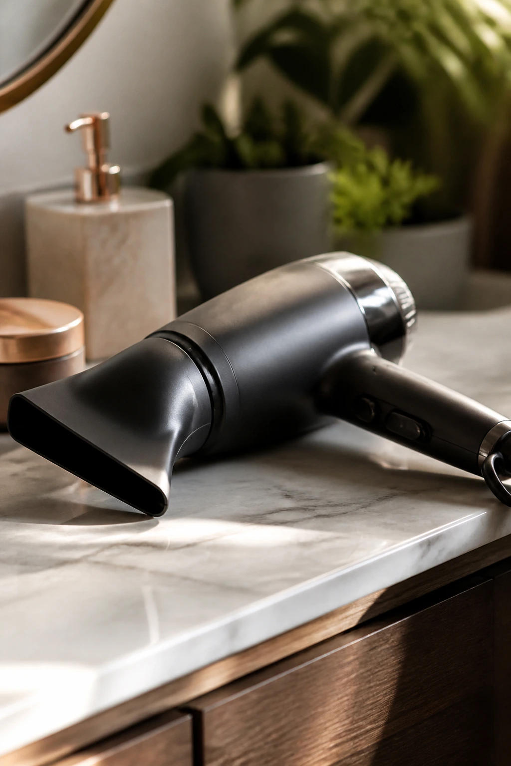 Close-up of a hair dryer with nozzle attachment on a bathroom counter for dense hair styling.