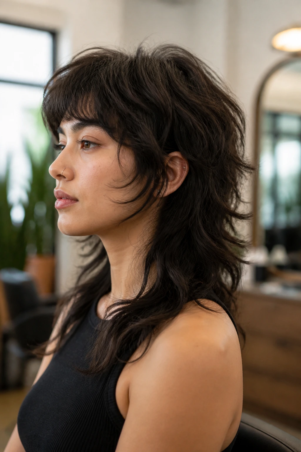 Portrait of a real person with dense hair showing the length and fringe of a wolf cut in a soft salon setting.