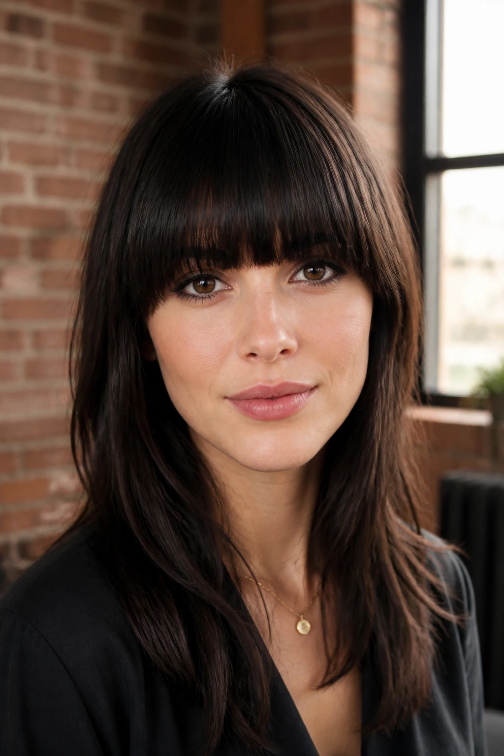 Portrait of a woman with dense heavy bangs across the forehead
