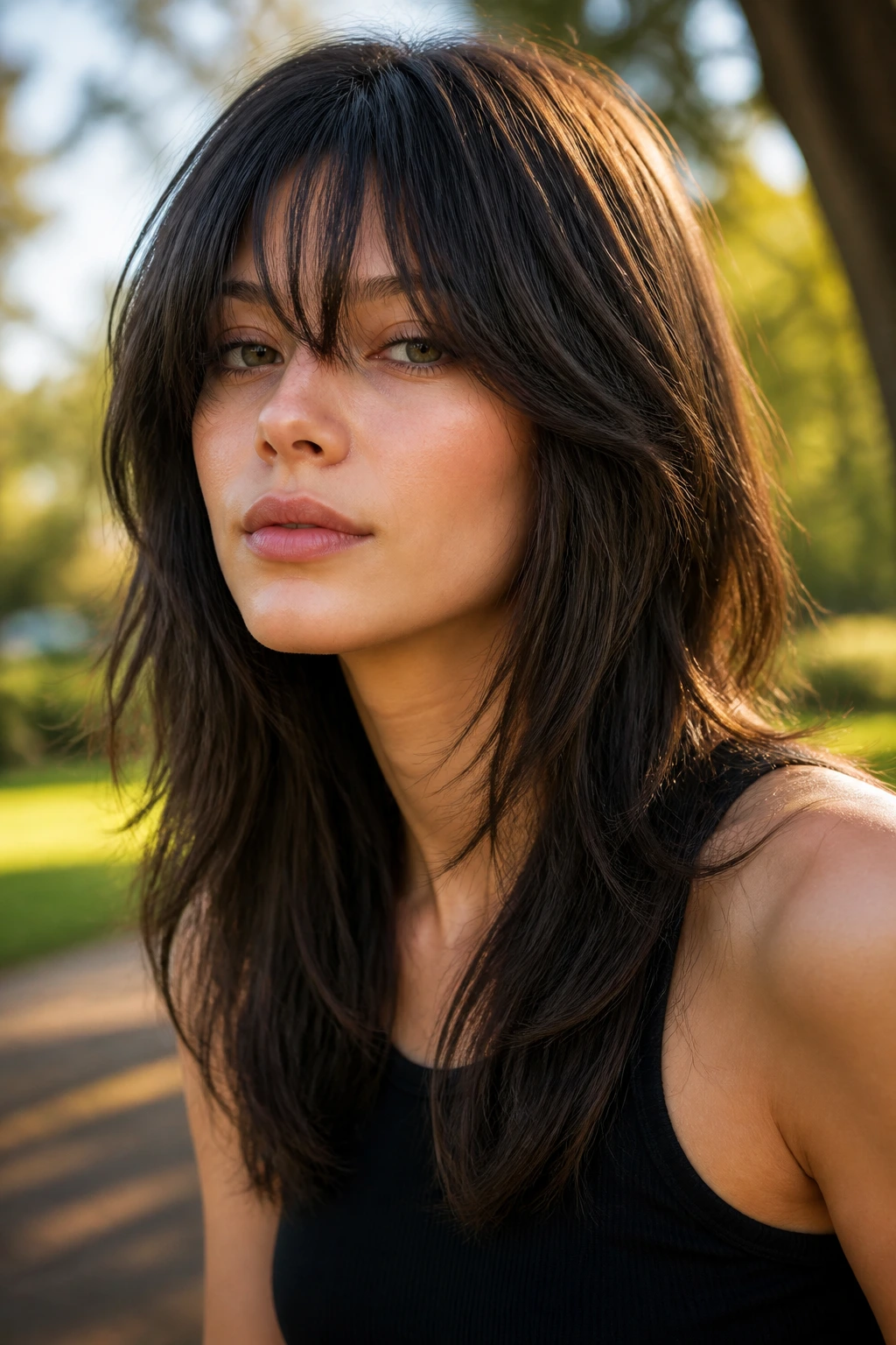 Portrait of a real person with Dense-Layer Shag on thick straight hair