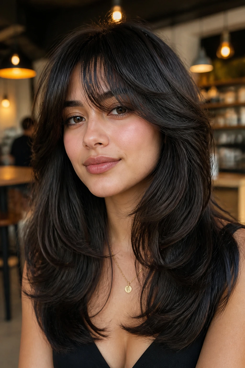 Close-up of a woman with dense layered butterfly cut in a warm cafe