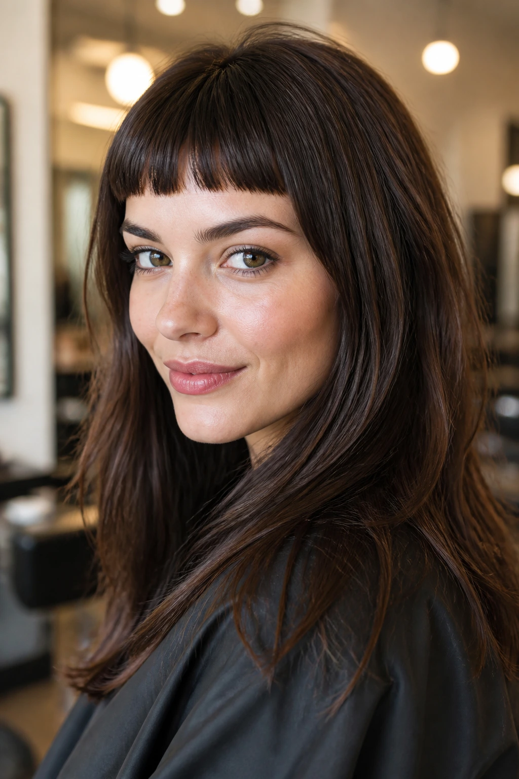 Real person with dense micro bangs on thick hair, close-up.