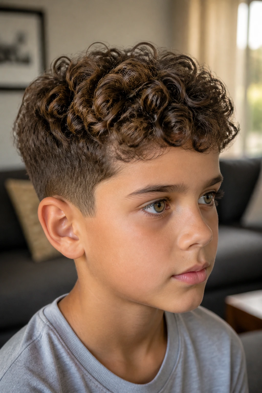 Portrait of a boy with dense ringlets and trimmed sides in warm indoor light