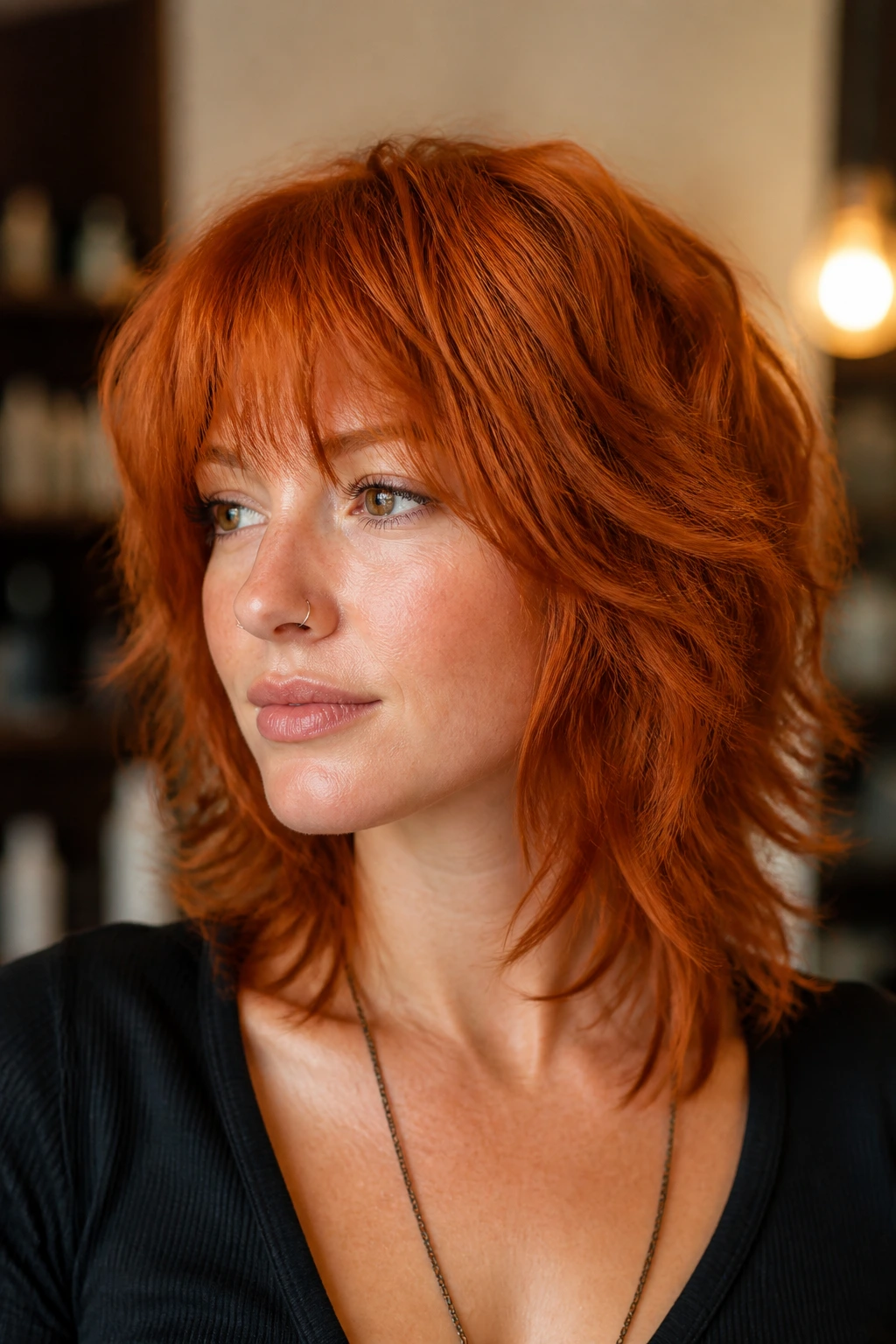 Close-up portrait of a real person with dense shag for thick red hair in warm salon lighting