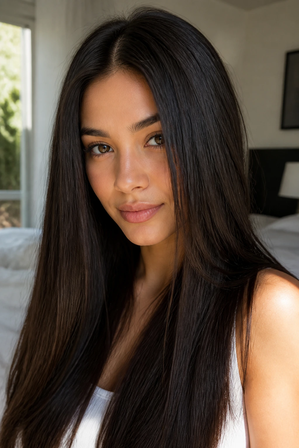 Close-up of a real woman with dense, straight hair filling the frame