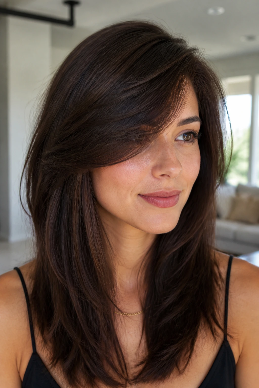 Close-up of a real woman with dense hair swoop and lightened underside