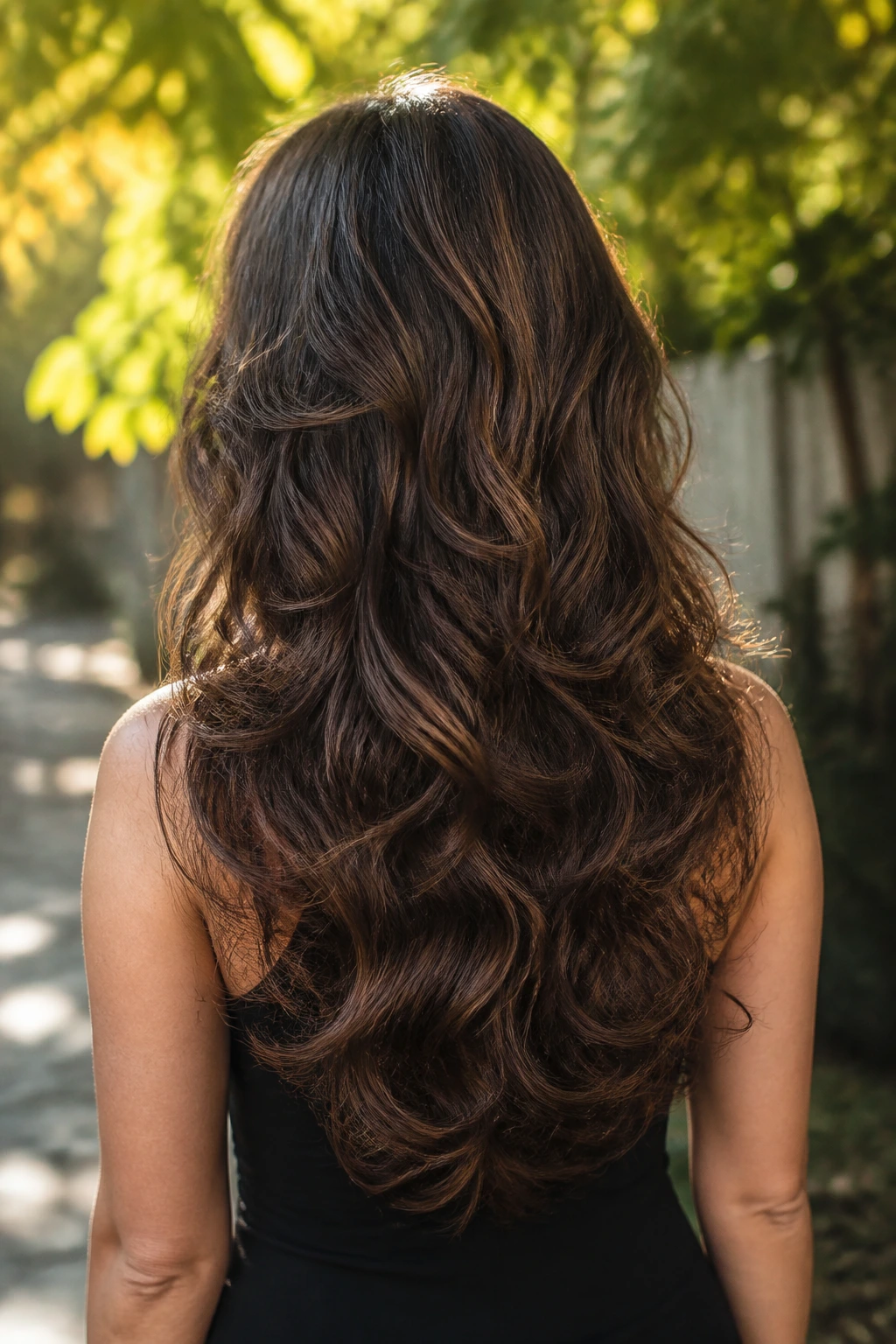 Back view of dense-wave layered hair on a real woman
