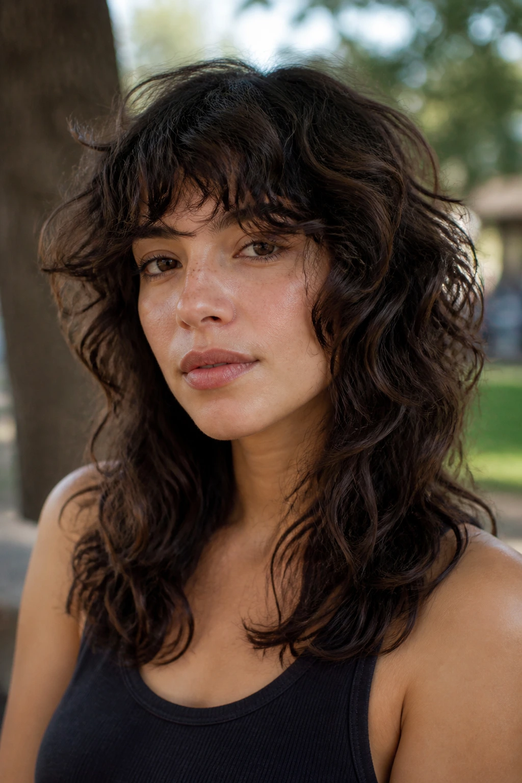 Close-up portrait of a real person with Dense Wavy Shag under natural daylight
