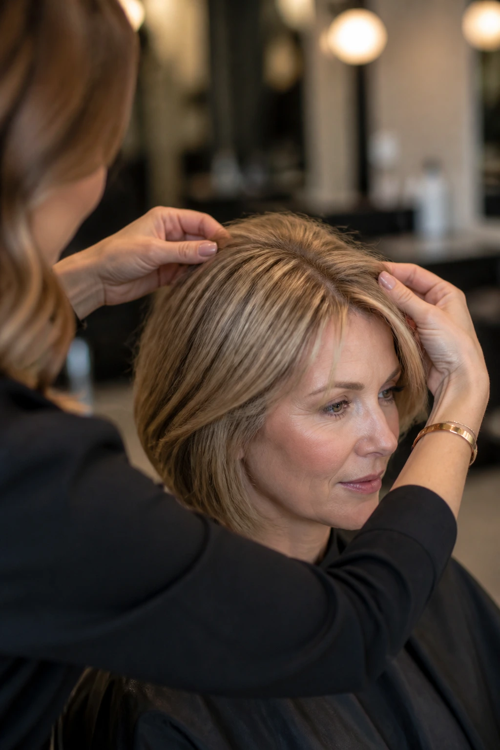 Salon consultation portrait focusing on crown density of fine hair