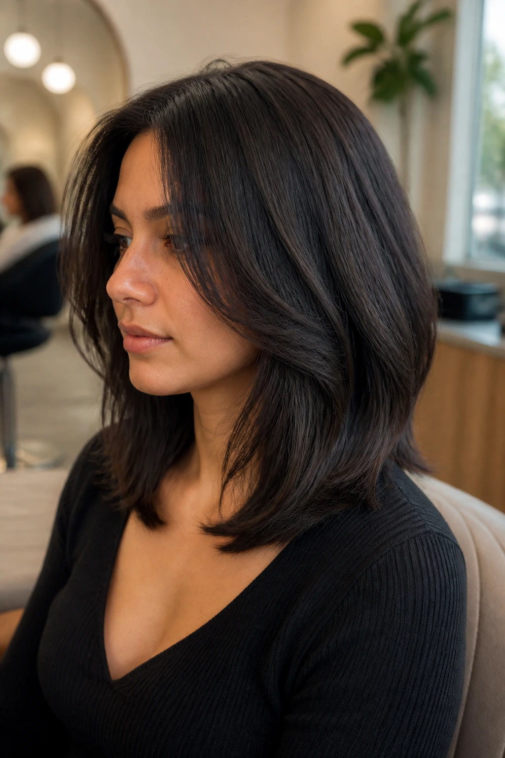 Portrait of a thick-haired person with density-managed lob showing interior removal of weight
