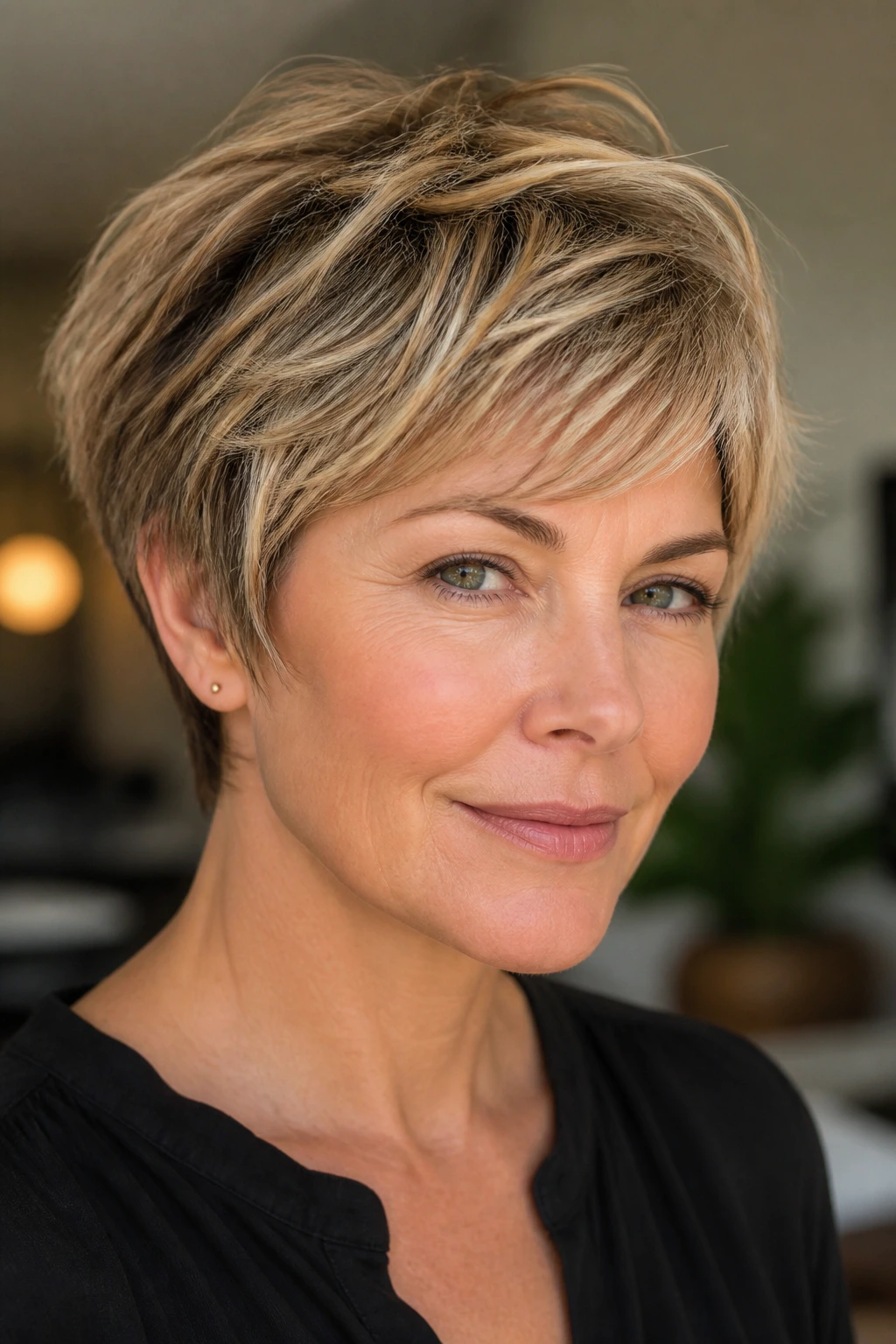 Close-up portrait showing a full perimeter haircut with crown lift on a real person