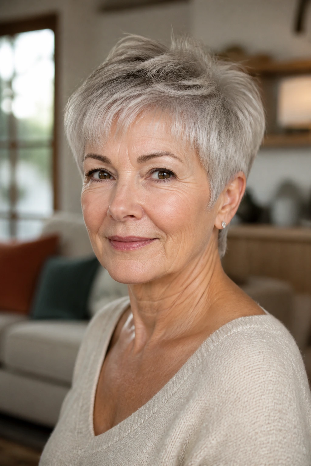 Close-up portrait of a mature woman with a dense short haircut showing crown lift