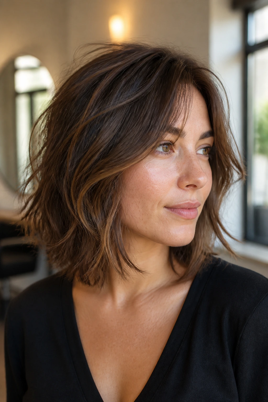 Portrait of a real woman with shoulder-length hair showing texture and density