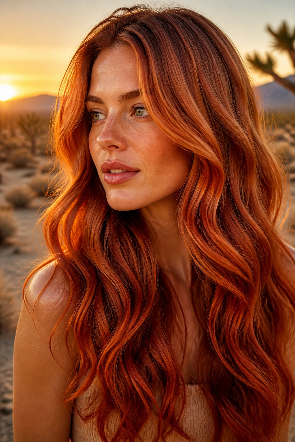 Close-up of a woman with long wavy hair in a desert sunset copper balayage.