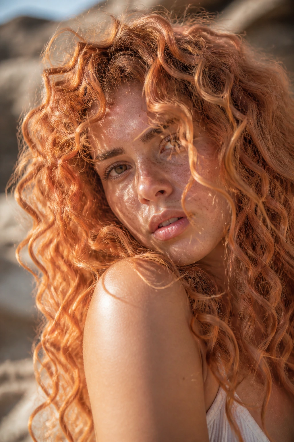 Close-up of desert coral curls on a light hair base under warm golden hour light.