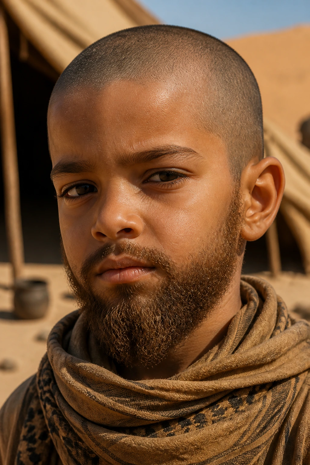 Close-up of a young boy with windblown Desert Nomad Beard in sunlit desert setting