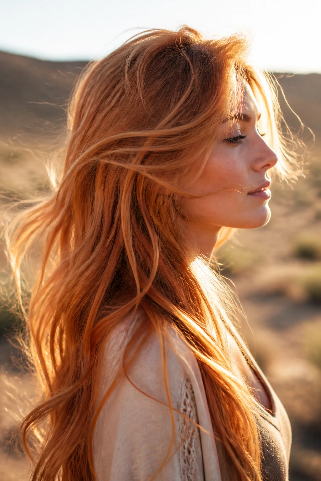 Profile portrait of a person with desert sunrise ginger hair in motion