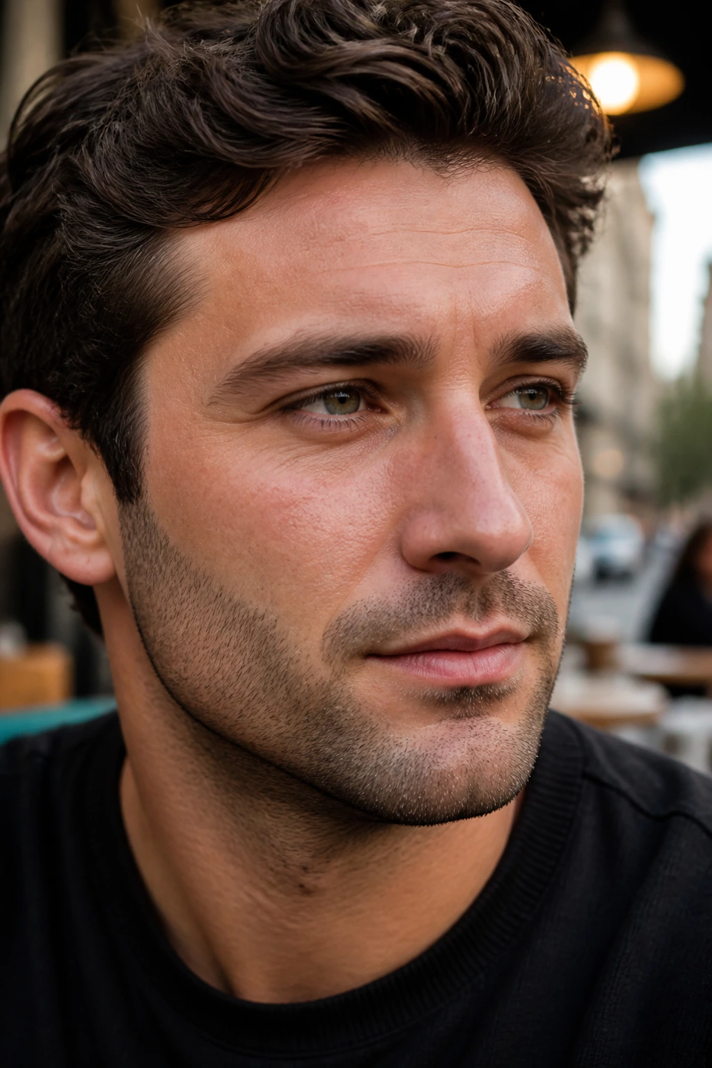 Close-up of a man with 1-3 mm designer stubble shadow along the jawline.