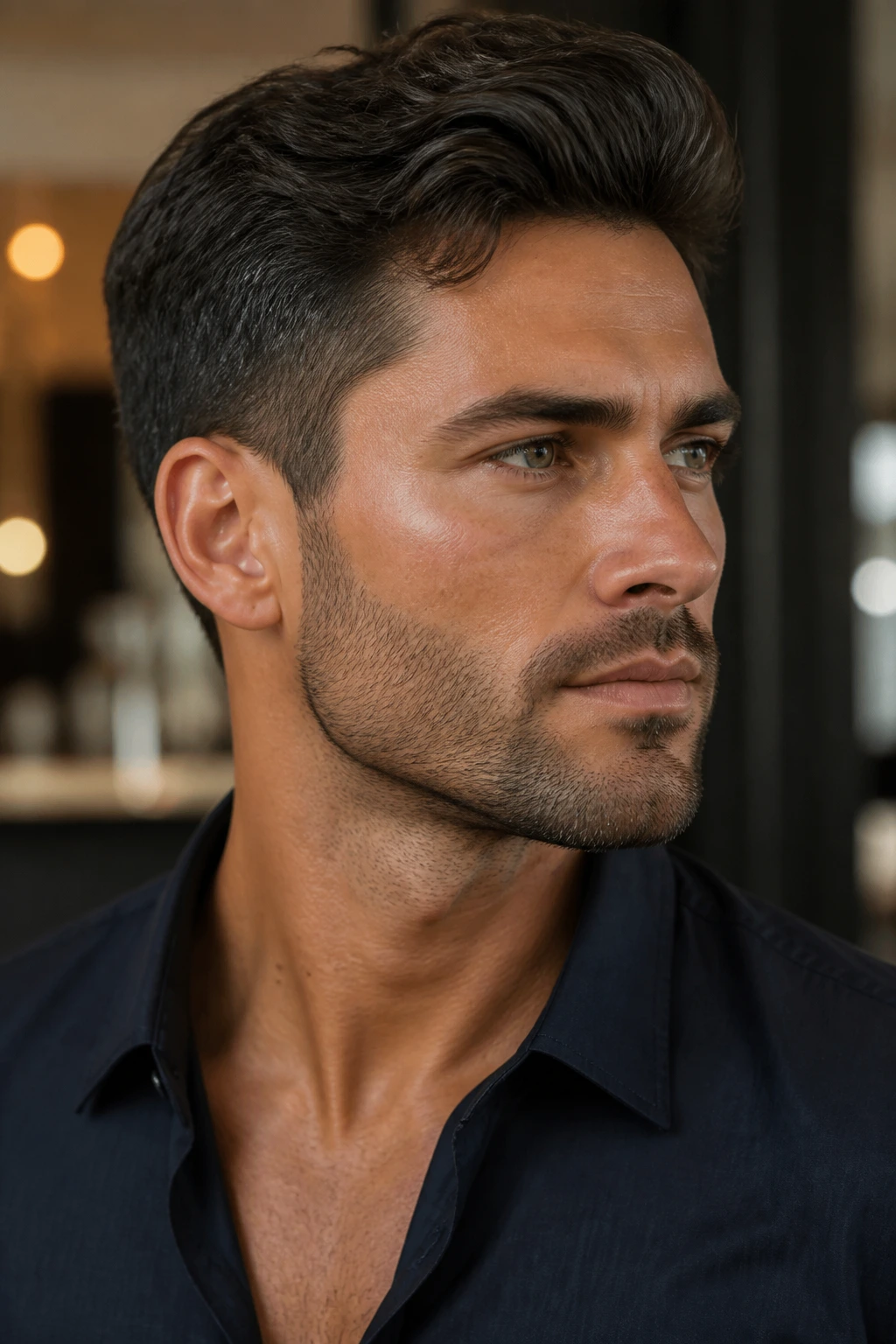 Close-up portrait of a real man with designer stubble and defined cheek lines