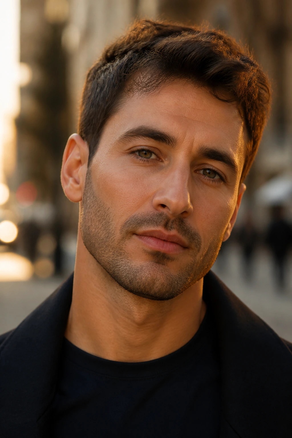Close-up portrait of a man with designer stubble on an oval face in warm urban light