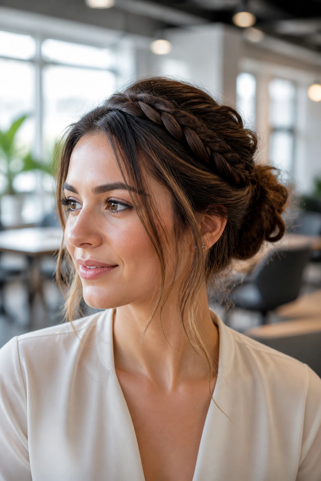 Close-up of a desk-day updo with loose front pieces in a bright office