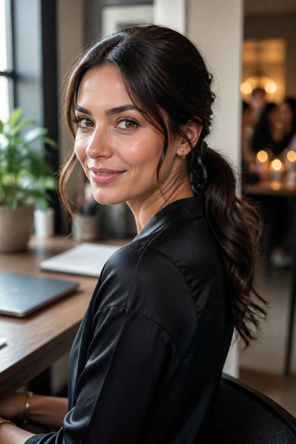 Real woman wearing desk-to-dinner hairstyle with soft waves