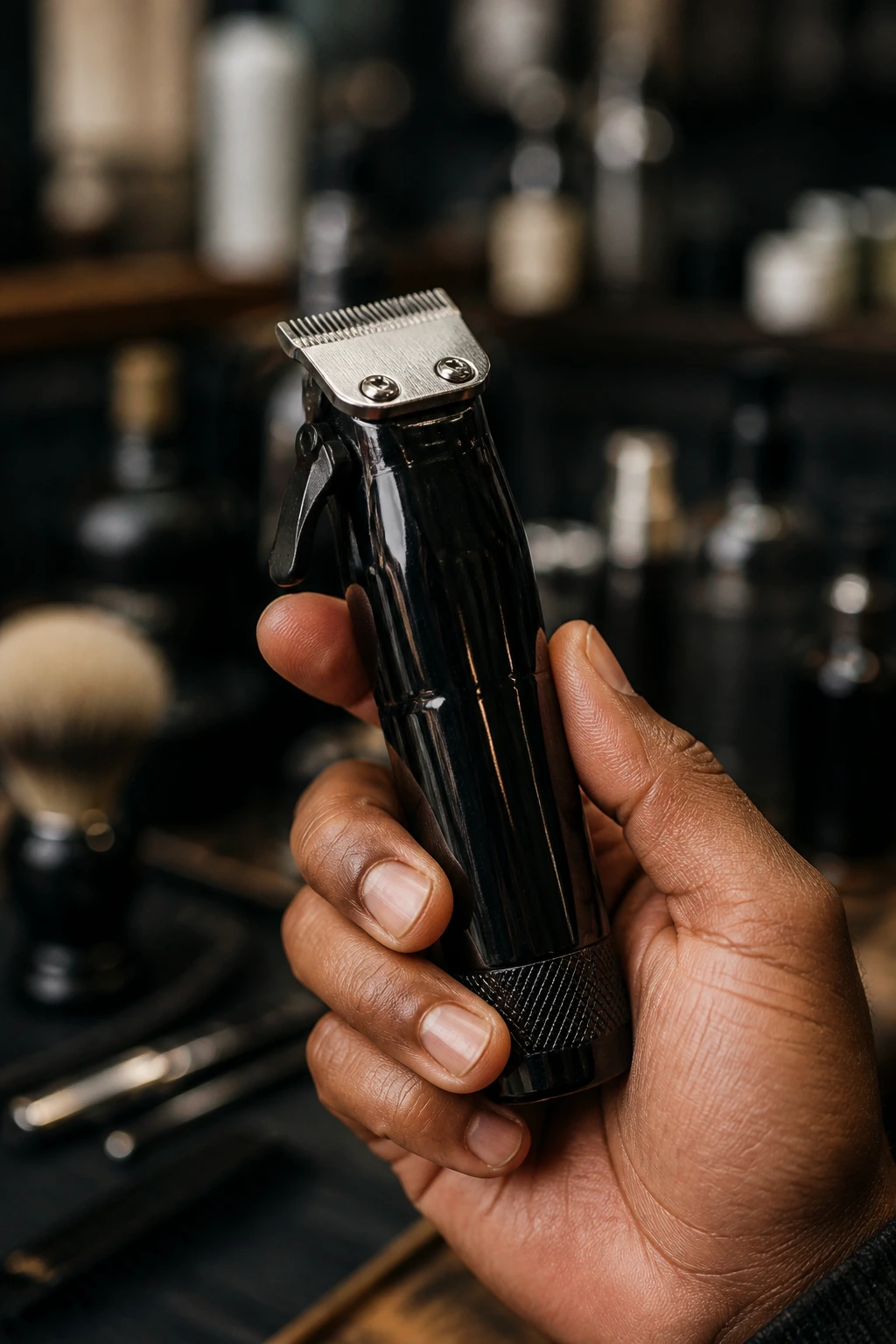 Close-up of a detail trimmer in hand for sharp fades.