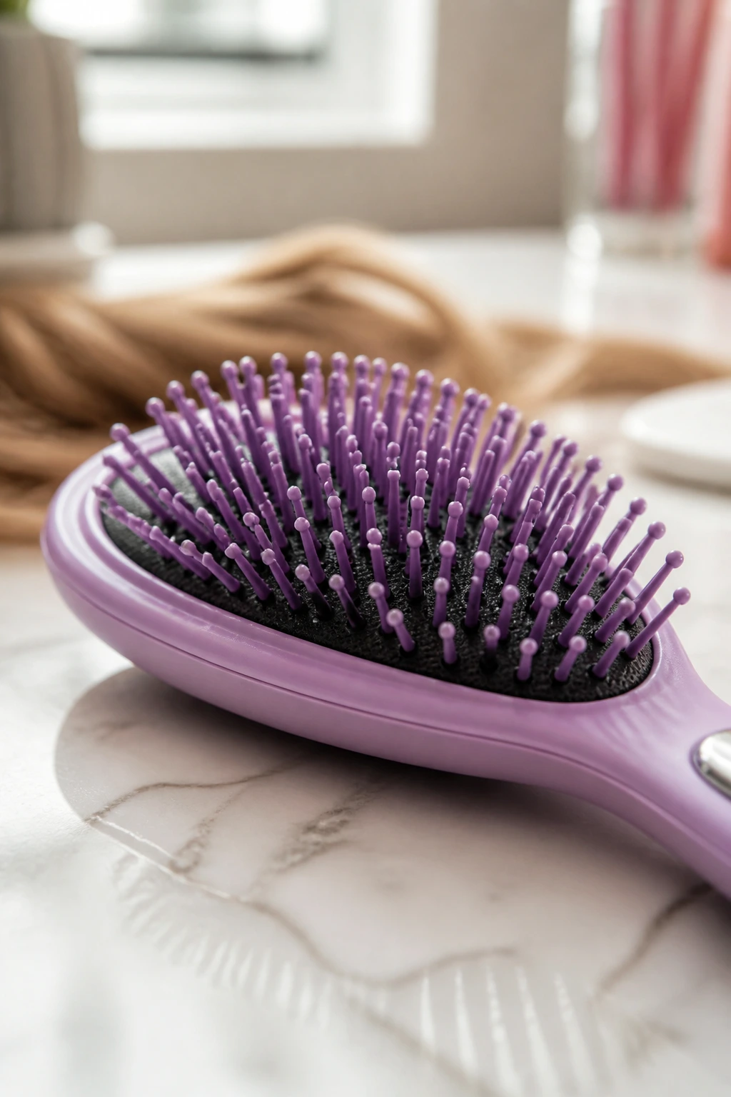 Close-up of a detangling brush on a bathroom counter.