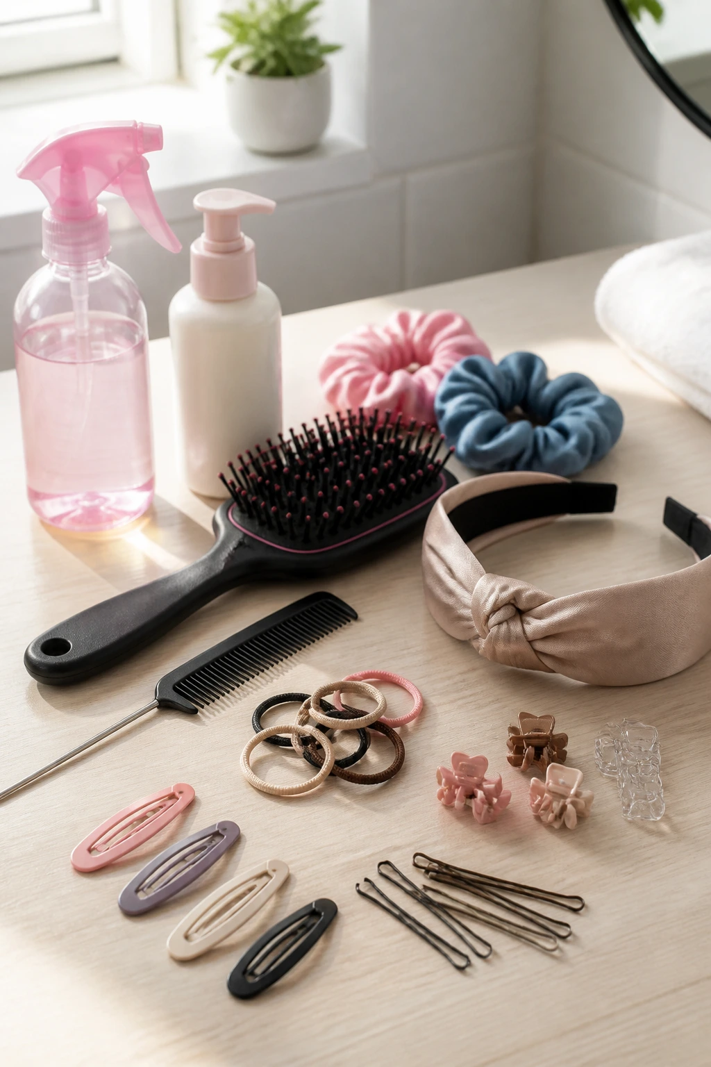 Still life of essential kids' hair styling tools on a bathroom counter