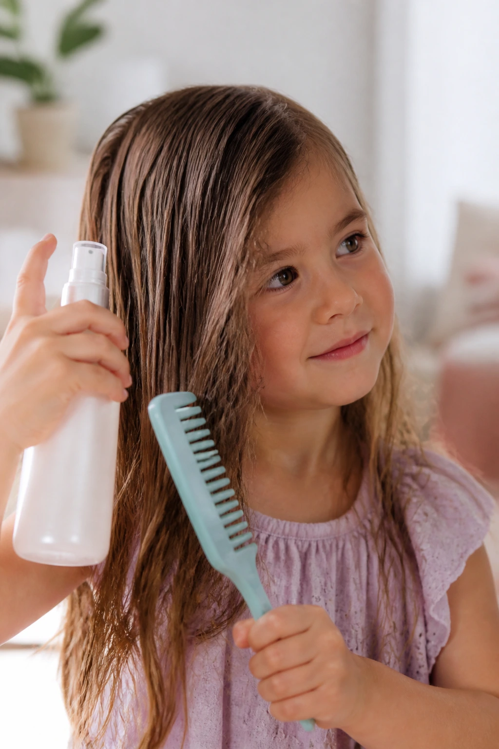 Child using detangling comb and spray bottle to manage hair.