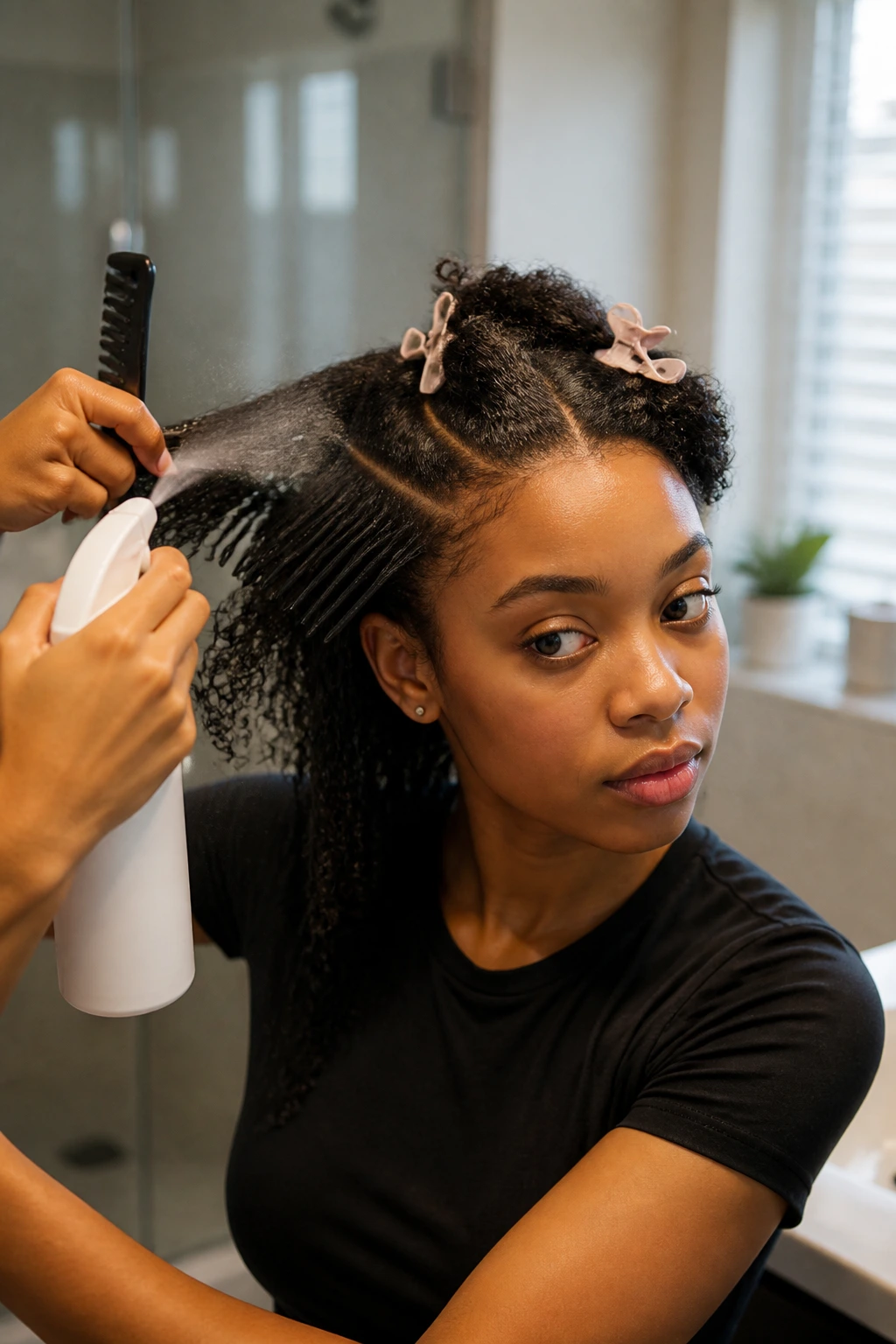 Medium close-up of a person detangling hair with a wide-tooth comb and light spray of water.
