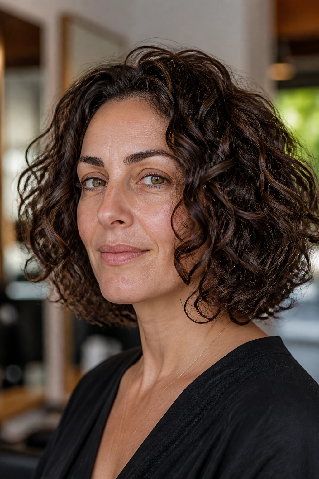 Close-up of curly-haired woman with a Deva-style dry-cut lob in a salon