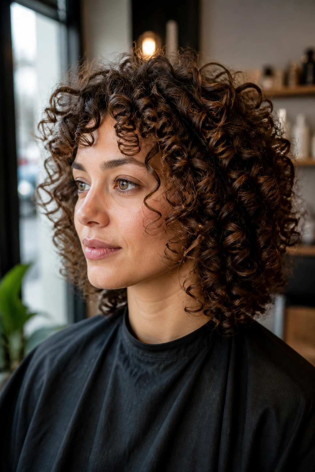 Close-up of Deva curl shape on a real person, showing dry-cut technique