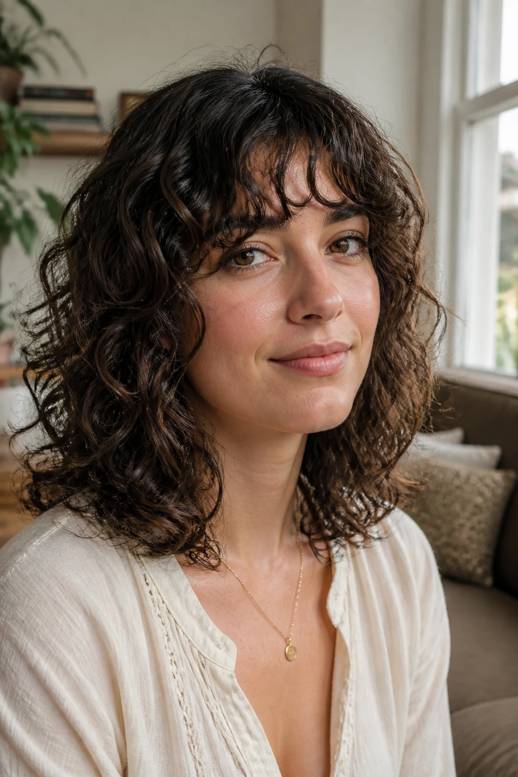 Real woman portrait with shoulder-length Deva cut and face-framing bangs