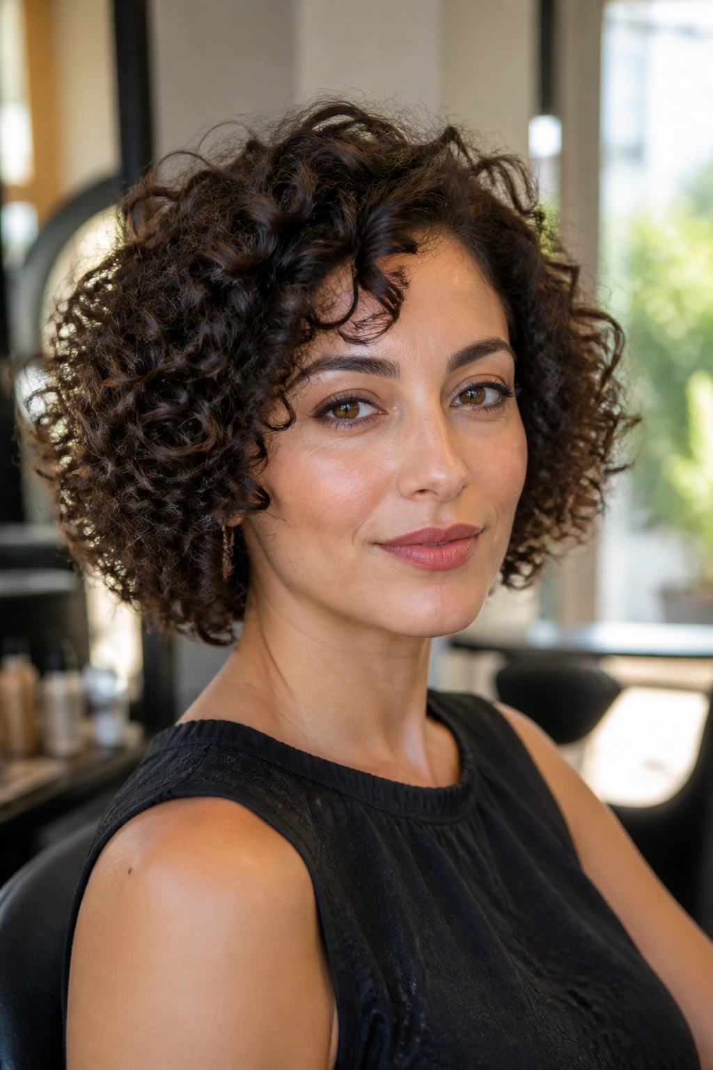Close-up of a real woman with Deva-cut bob curls shaped curl by curl on a diamond face