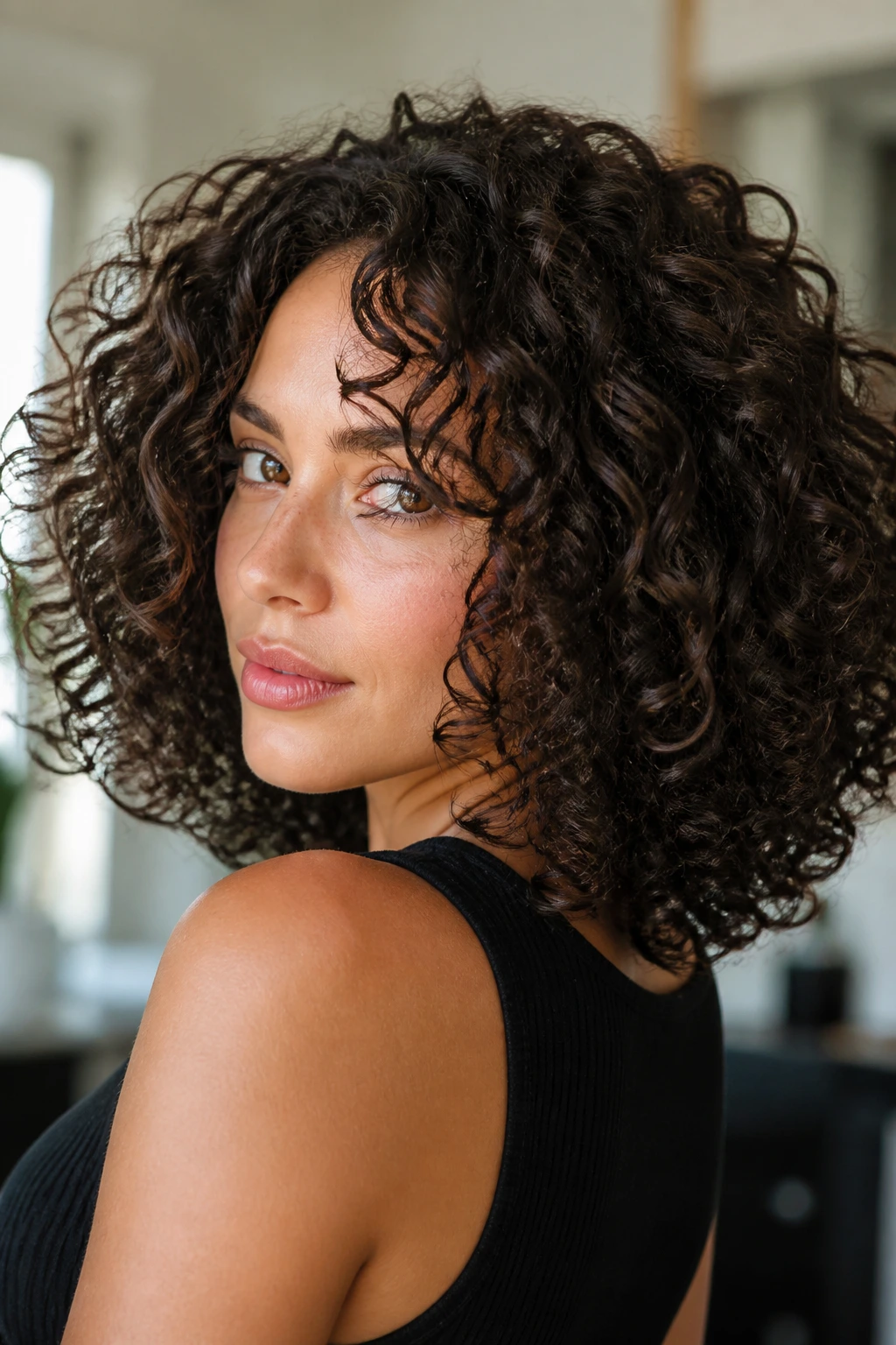 Close-up of a real woman with curl-by-curl Deva cut on 3A curls.