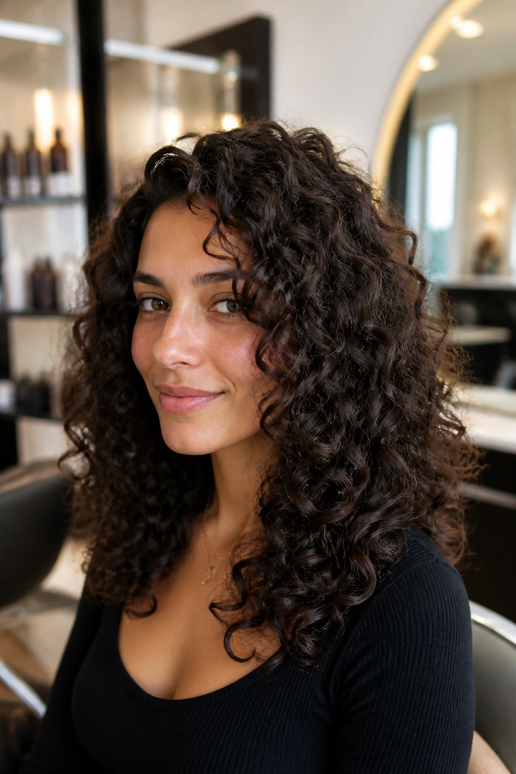 Close-up portrait of a real person with curl-by-curl Deva cut focusing on individual curls