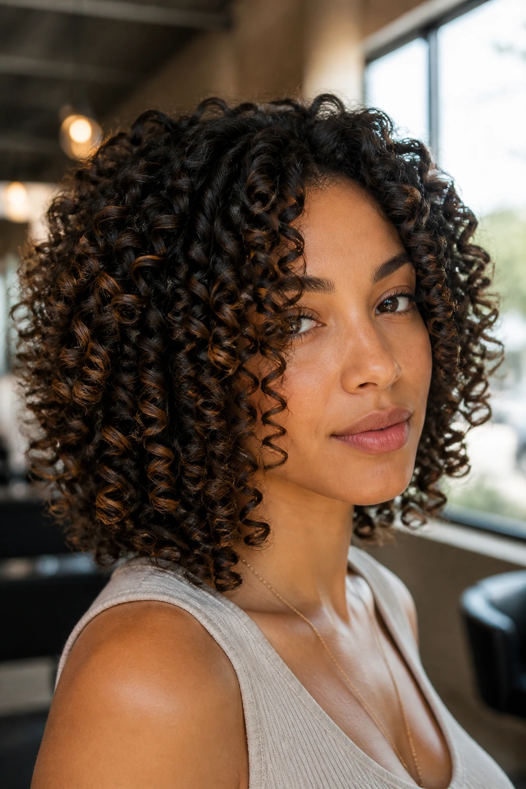 Portrait of a real woman with clearly defined curls showing individual curl lines