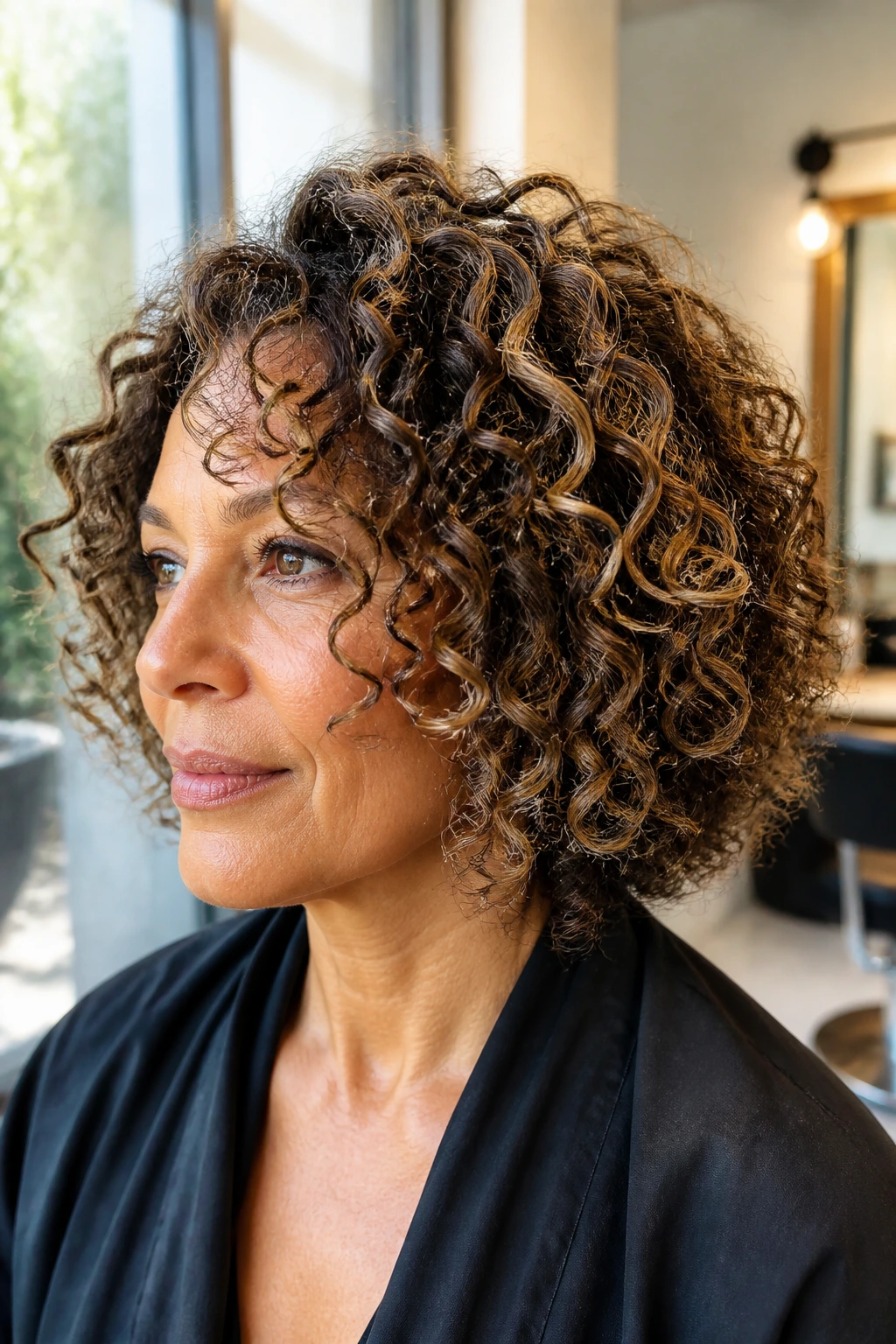 Close-up of a real woman with varied curl patterns and a curl-by-curl Deva cut.