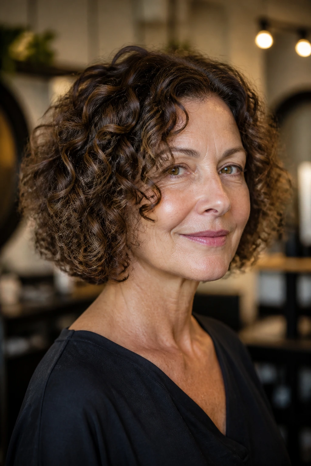 Close-up portrait of a real woman with a Deva-cut curly bob in a modern salon.