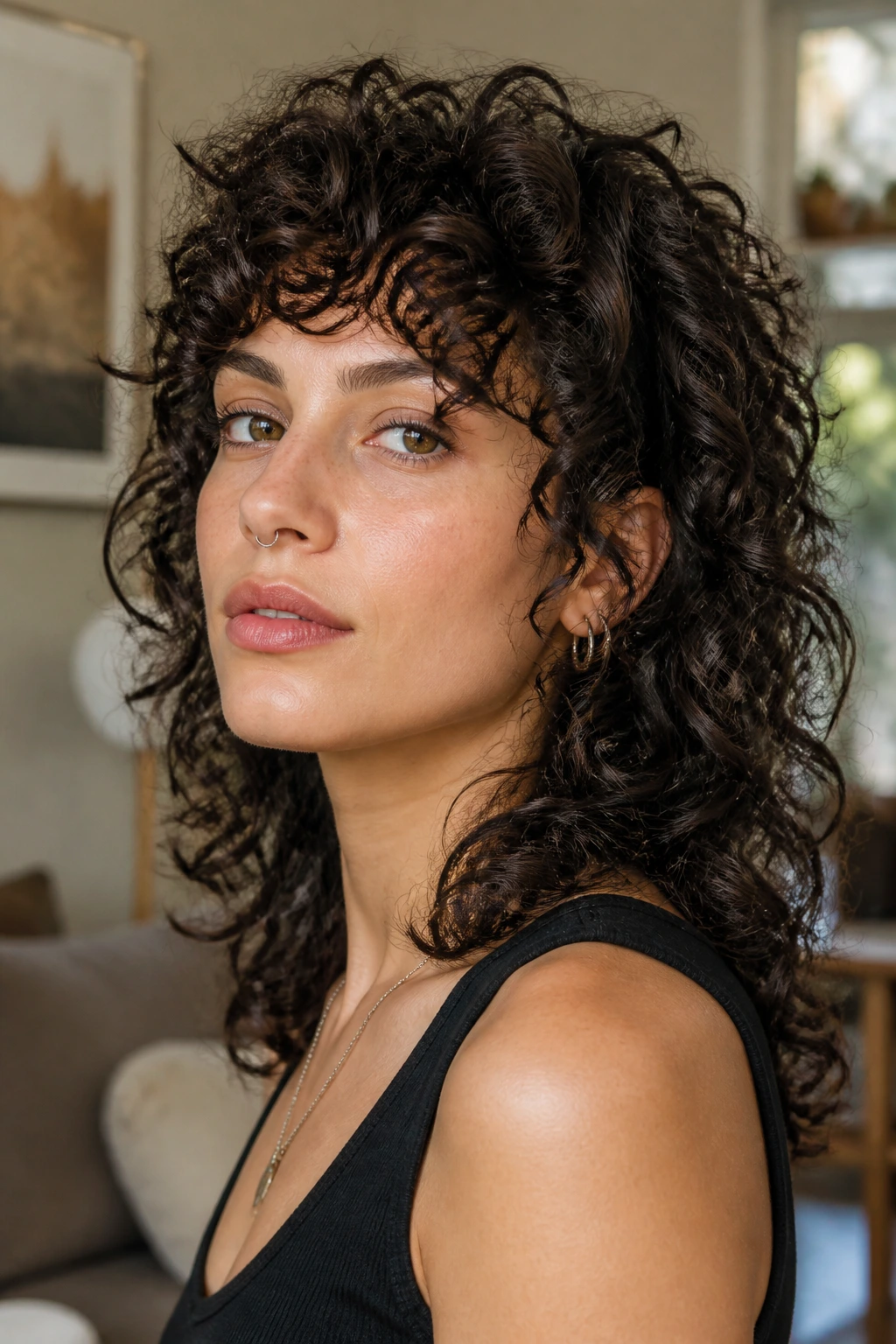 Real person with Deva-cut curly mullet in softly lit living room