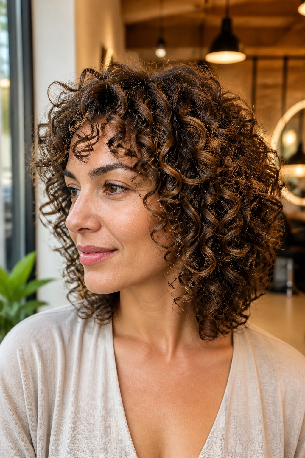 Close-up of a real woman with a Deva cut and dry-sculpted layers for volume