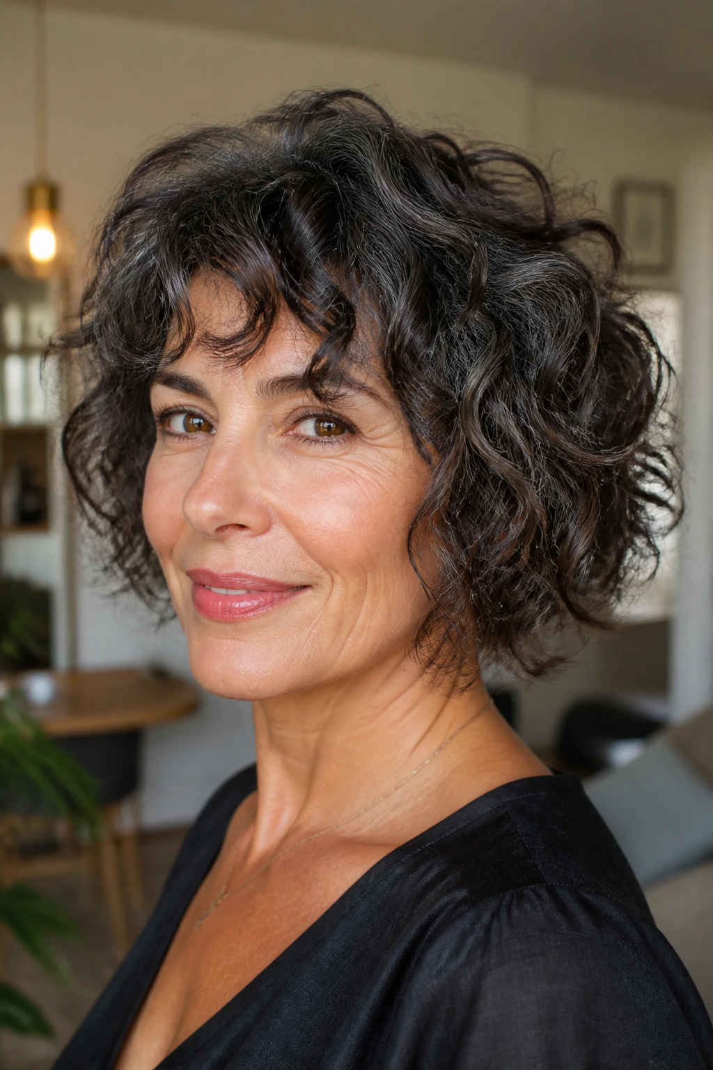 Real woman with DevaCut-inspired curly bob and piecey ends in natural daylight