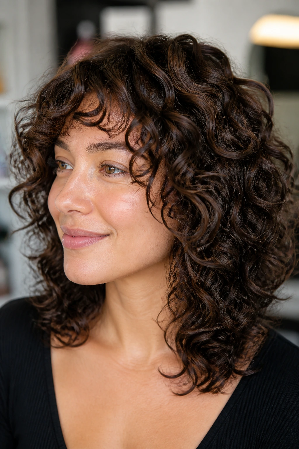 Close-up of a real person with a Deva-cut interior layers hairstyle in a modern salon