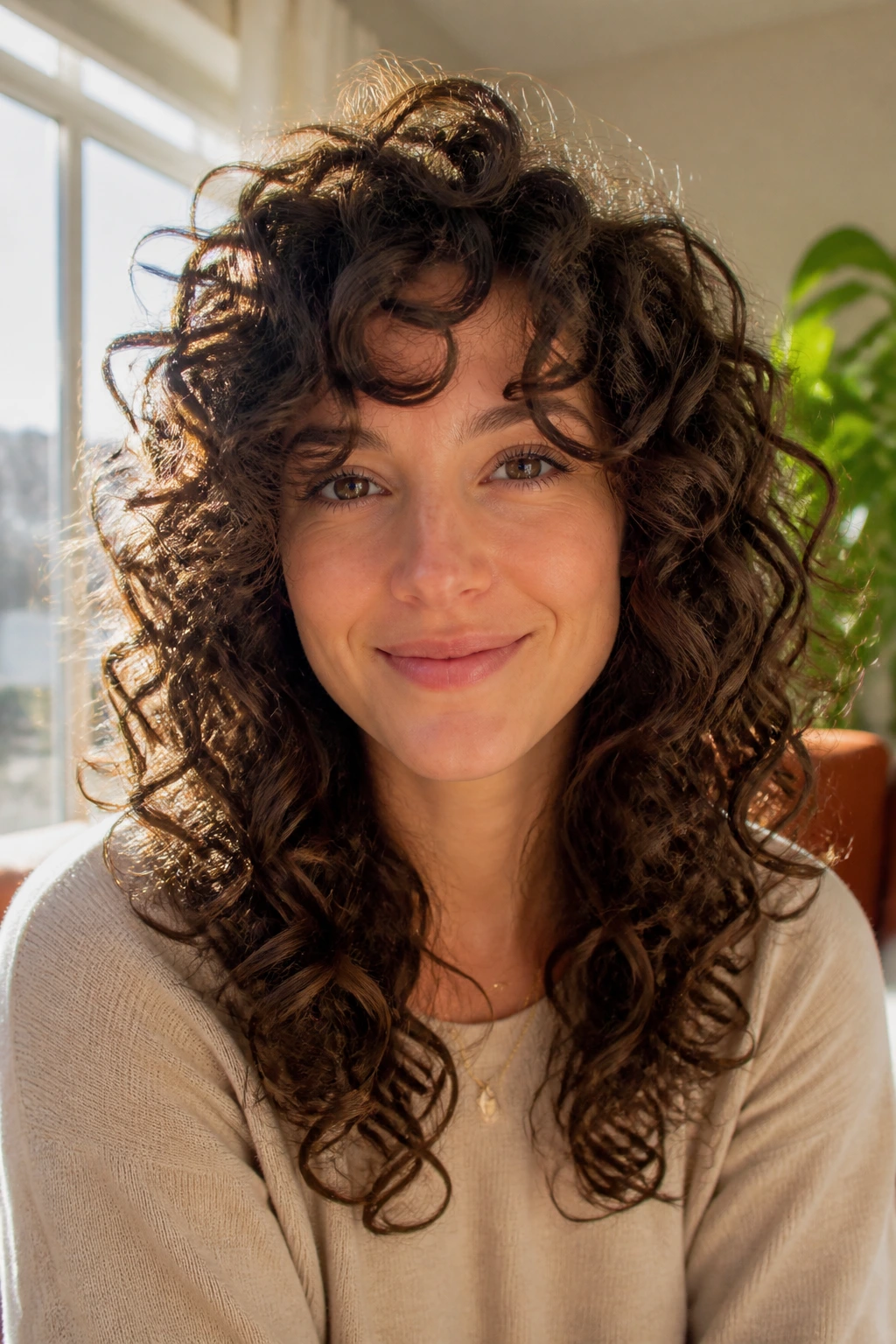 Close-up of a woman with Deva-layered curls and crown lift